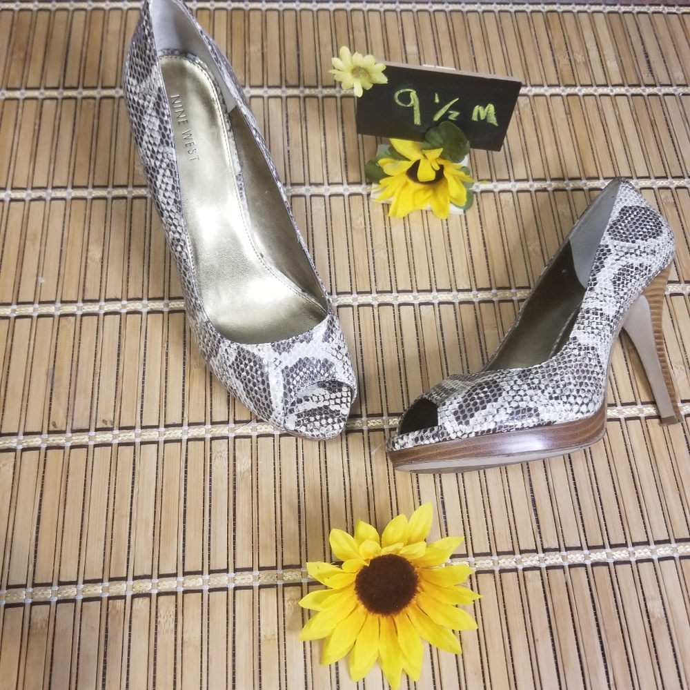 Nine west snake skin open toe pump leather upper